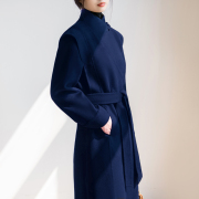 藏蓝色立领新中式盘扣双面羊绒，大衣女设计感小众气质显瘦毛呢外套