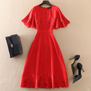 红色中长款修身气质订钻披肩礼服裙子欧美大牌高端大码女装裙