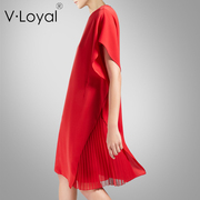 V夏季时尚宽松短袖红色连衣裙 欧美褶饰中长裙