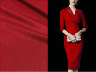 红色亮丝弹力精纺针织羊毛，面料秋冬高定礼服，打底连衣裙裤布料