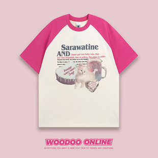 爱心便餐woodoo设计师品牌复古简约可爱小猫，印花男女短袖t恤