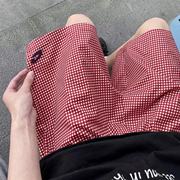格子短裤男夏季薄款速干美式复古潮牌沙滩裤，青少年宽松休闲五分裤