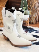 美国dingo真皮粗跟尖头，白色星星刺绣，骑马靴短靴复古西部牛仔靴女