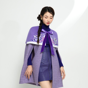 MAGIC Q秋冬淡紫色龙纹刺绣日本进口粗花呢斗篷外套大衣