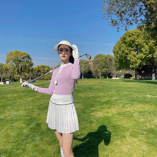 2024春季高尔夫粉，紫色毛衣针织衫白色百褶短裙，时尚运动套装