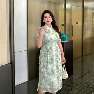 GLEC大码女装夏装2024高端气质复古中国风旗袍连衣裙遮肚显瘦