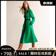 UNI CLOSET长袖连衣裙绿色V领中长一步裙优雅英伦风气质百搭显瘦