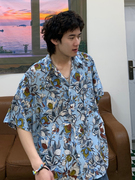 updaywang夏青年(夏青年)情侣，碎花短袖衬衣男bf风宽松夏威夷风潮衬衫
