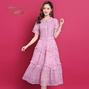 粉红玛丽风复古刺绣法式镂空中长款蕾丝，裙2022新春季(新春季)气质连衣裙女