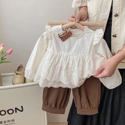 女童秋款套装2023洋气宝宝花边衬衫两件套儿童春秋季时髦衣服