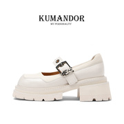 kumandor春夏真皮粗跟玛丽珍女鞋，厚底小白鞋，英伦风小皮鞋