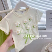 女童装短袖夏季2023女宝宝纯棉立体花朵T恤儿童洋气夏装上衣