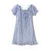 原创设计夏季纯欲风挂脖系带泡泡袖修身显瘦蓝色连衣裙短裙子