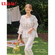 ullala韩国春季家居服套装白色蕾丝，复古娃娃领套头，睡衣两件套薄款