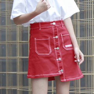 韩版不规则红色半身裙夏季ins潮排扣高腰牛仔短裙弹力A字包臀裙子