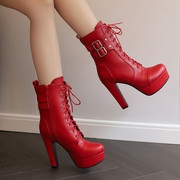 酒红色超高跟马丁靴女细跟性感，夜店厚底系带，欧美英伦风短靴女靴子
