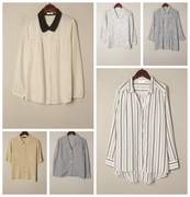vintage复古夏季雪纺长，短袖纯色清凉条纹，长袖衬衫百搭女装y49