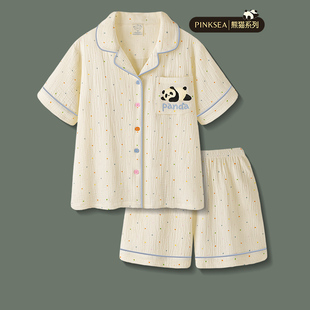 睡衣女夏款可爱熊猫短袖短裤，套装夏季梭织，纯棉纱布甜美家居服