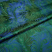 大气绿底蓝孔雀凤尾优美曲线织锦缎布料丝绸缎子古香缎面料中国风