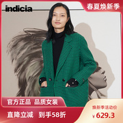 indicia千鸟格羊毛绿色，毛呢大衣西装，领外套冬季标记女装