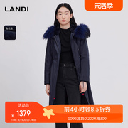 LANDI蓝地藏蓝色毛领连帽长款收腰派克服大衣女2023冬装皮草