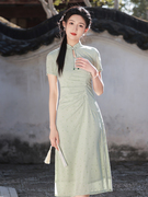 新中式改良雪纺麻旗袍2023年夏季绿色小清新少女长款连衣裙茶服