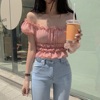 韩国东大门甜美虾粉色性感泡泡袖，露肩褶皱显身材短袖t恤女雪纺衫