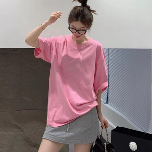欧洲站2024春夏韩系少女风圆领短袖慵懒大版粉色糖果色T恤