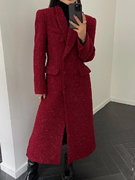 长款红色呢子大衣，2023冬装女羽绒，内胆加厚气质收腰显瘦外套