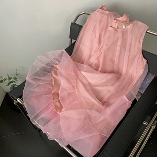 日系甜美粉色雪纺连衣裙小清新无袖圆领中长裙时尚休闲洋气D$17