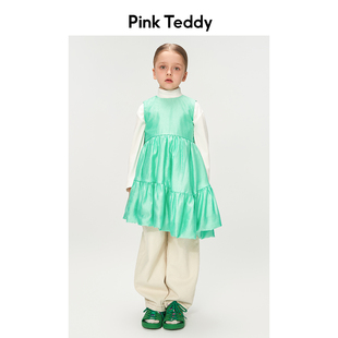 Pink Teddy童装女童无袖连衣裙夏装简约儿童春秋绿色百搭背心裙子