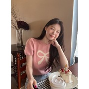 蝴蝶结泡泡袖针织衫女夏季韩版修身显瘦粉色短款毛衣短袖上衣