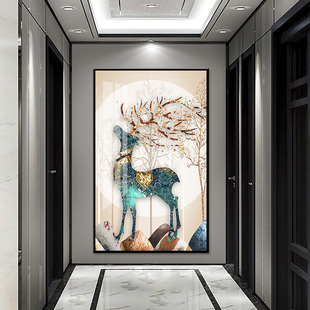 金鹿入户玄关装饰画镶钻晶，瓷画北欧现代简约走廊过道轻奢高端挂画