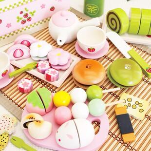 出口日本绿色和风下午茶蛋糕木盒套装玩具儿童切切看过家家生日礼