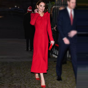 欧洲站凯特王妃明星同款高端女装秋冬季红色，中长款大衣单排扣外套