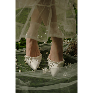 椿满天星珍珠褶皱中空尖头，浅口细跟高跟鞋仙女，风婚鞋伴娘鞋