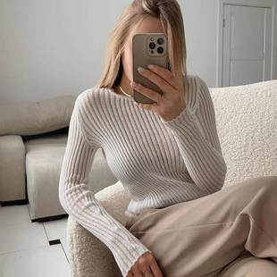 欧美性感修身圆领长袖薄款透视针织衫sexyperspectiveknitwear