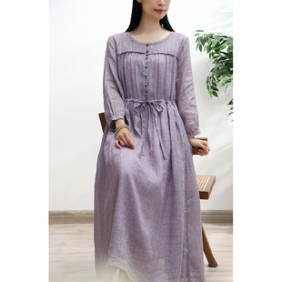 新中式高级感浅紫色亚麻，连衣裙女高腰系带温，柔风棉麻长裙宽松大码