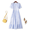 夏季蓝色条纹裙子流行欧美女装，ol清新蓝白印花气质，宽松连衣裙短袖