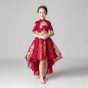 女童中式走秀礼服前短后长公主裙红色花童小主持人儿童钢琴演出服