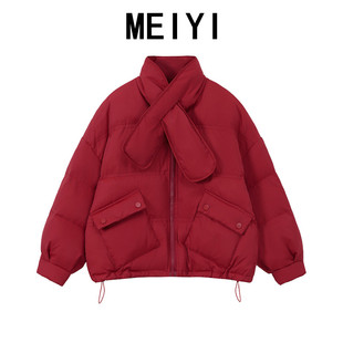 MEIYI 红色立领棉服短外套女冬季设计感小众加厚围脖面包服棉衣