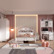 儿童房间家具组合套装全套，公主床女孩卧室粉色，小女童床带衣柜书桌