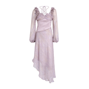 xenseyou原创设计灰粉色炫彩荷叶，边系带长袖连衣裙不规则中长裙女