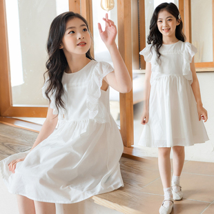 女童蕾丝飞袖连衣裙2023夏季白色，甜美公主裙洋气中大童纯棉短袖裙