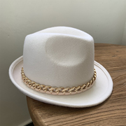 白色羊毛呢帽子女士复古卷边小礼帽链条，爵士帽男秋冬英伦毡帽百搭