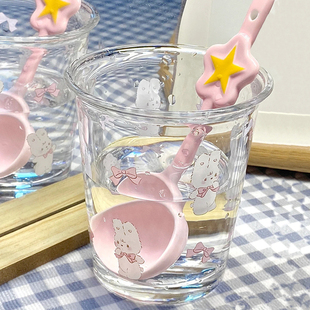 玻璃水杯女生高颜值家用日式杯子少女心早餐杯果汁，杯牛奶杯带勺子