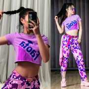 欧美hiphop紫色JAZZ跳舞爵士舞上衣露脐短装t恤女性感女团演出服