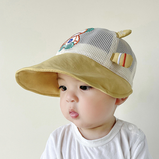 婴儿防晒帽子夏季男童，卡通小熊网格太阳帽宝宝，夏天透气大檐遮阳帽