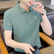 男士夏季短袖韩版潮流有带领男t恤潮牌，半袖衬衫领体恤翻领男0401b