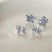 夏季蓝色水晶设计感耳钉，925银针小清新耳环，耳饰2023年潮耳夹